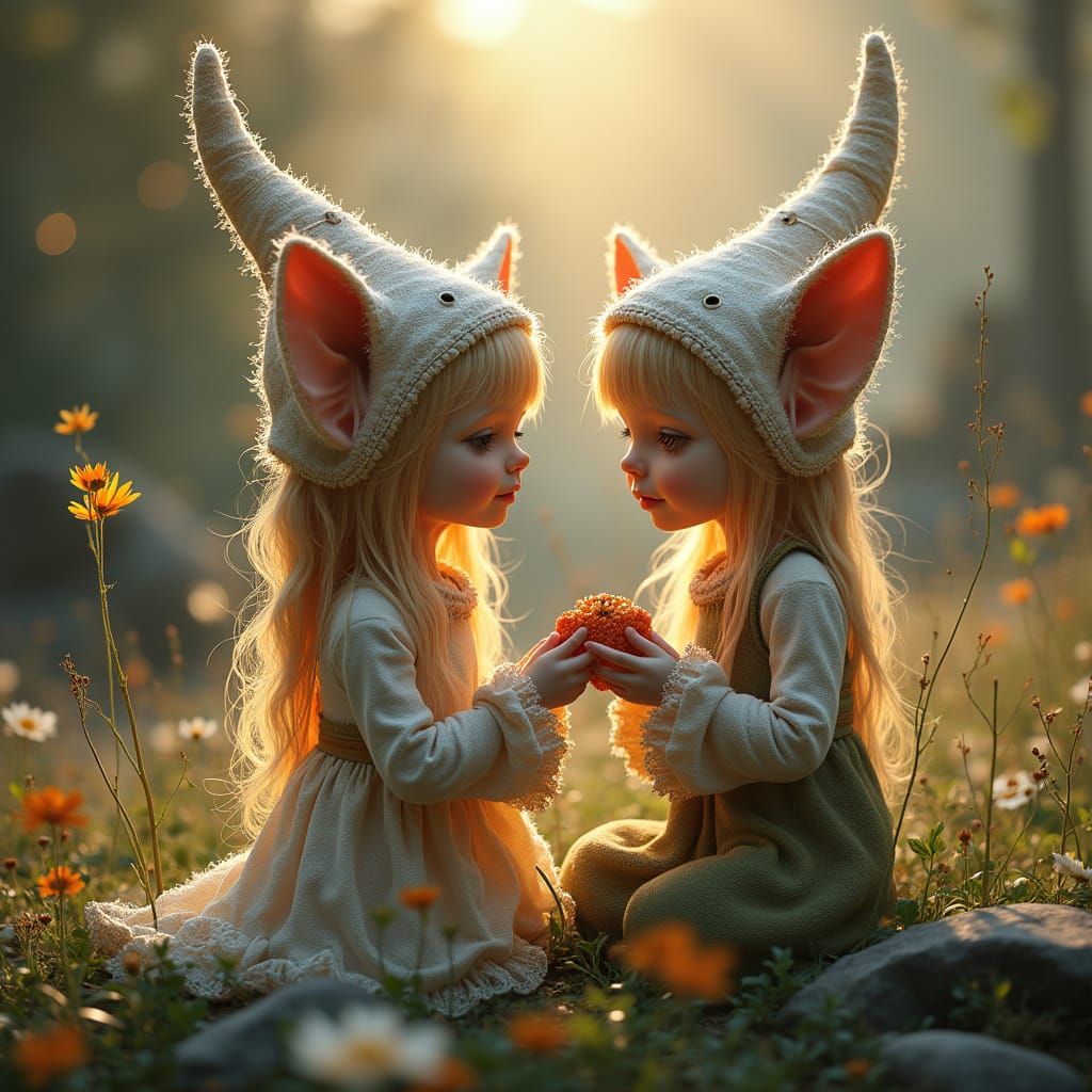 Exquisitely Beautiful Elven Twins in a Vibrant Alpine Landsc...