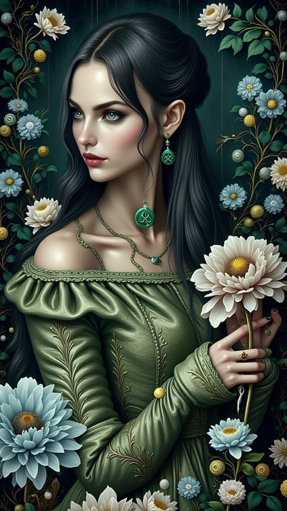 Gothic Woman with Green Eyes in Darkly Magical Style