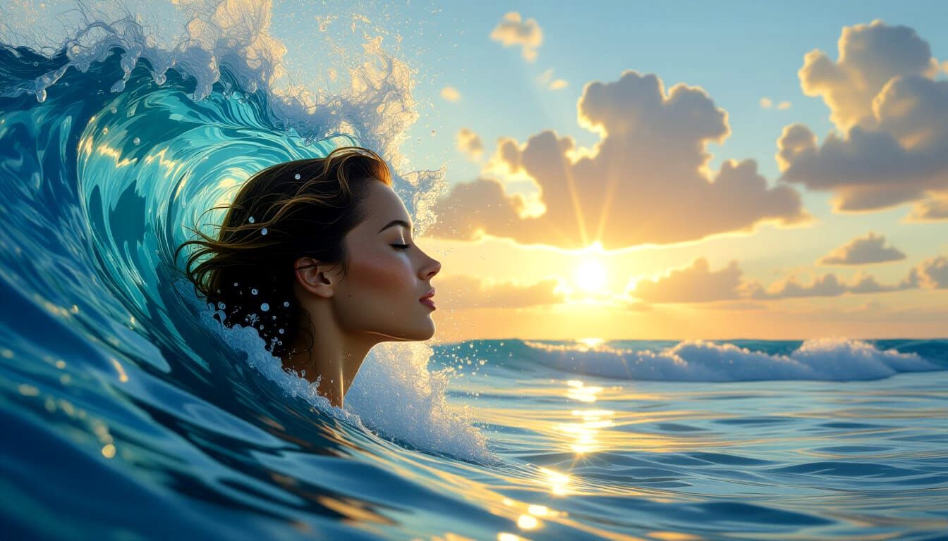 Hyperrealistic Woman's Head Merged with Ocean Wave