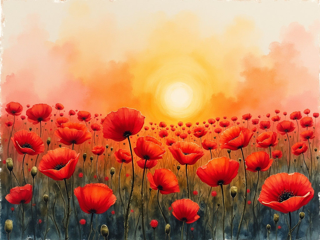 Red Poppies at Sunset, Impressionistic Watercolor