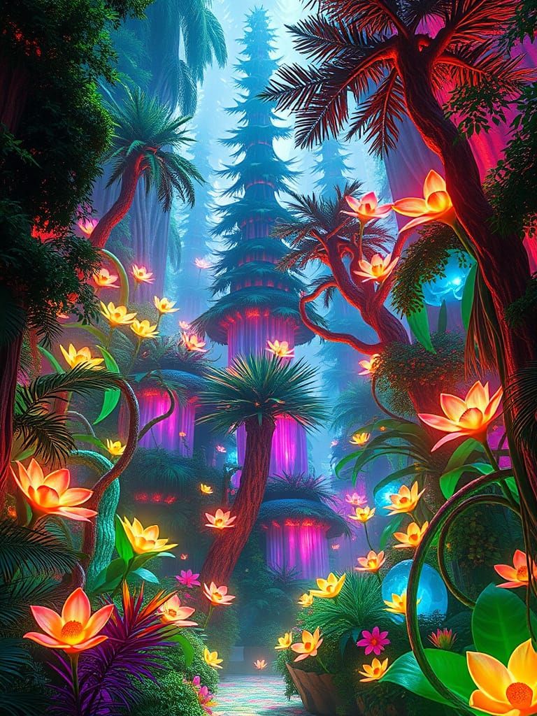 Crystalline Forest Garden with Neon Flowers