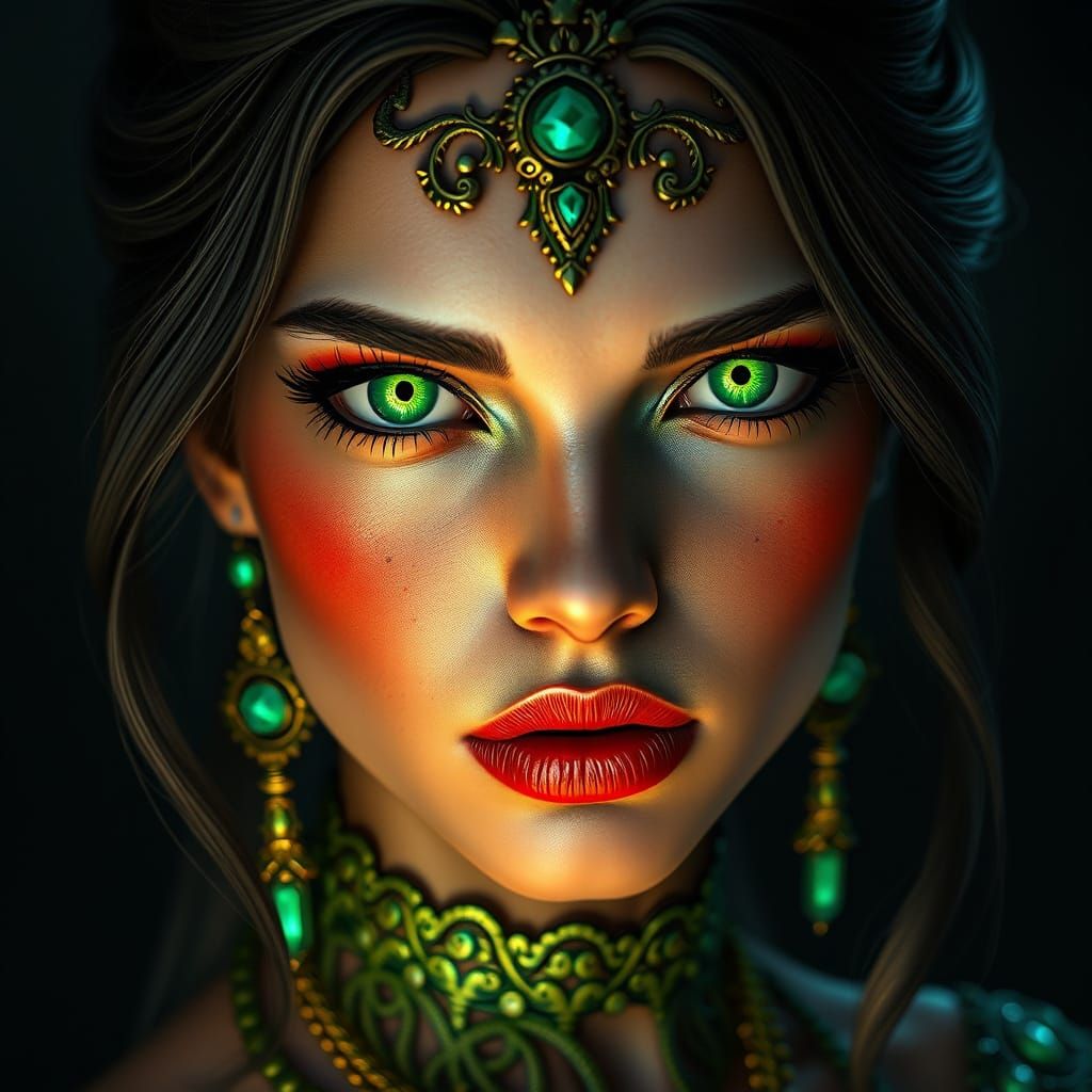 Hyper-Realistic Portrait in Art Nouveau Style with Emerald E...