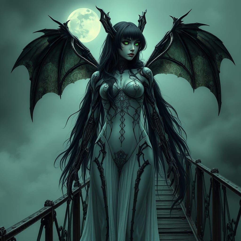 Cyborg Goddess on Victorian Bridge in Biomechanical Gothic S...