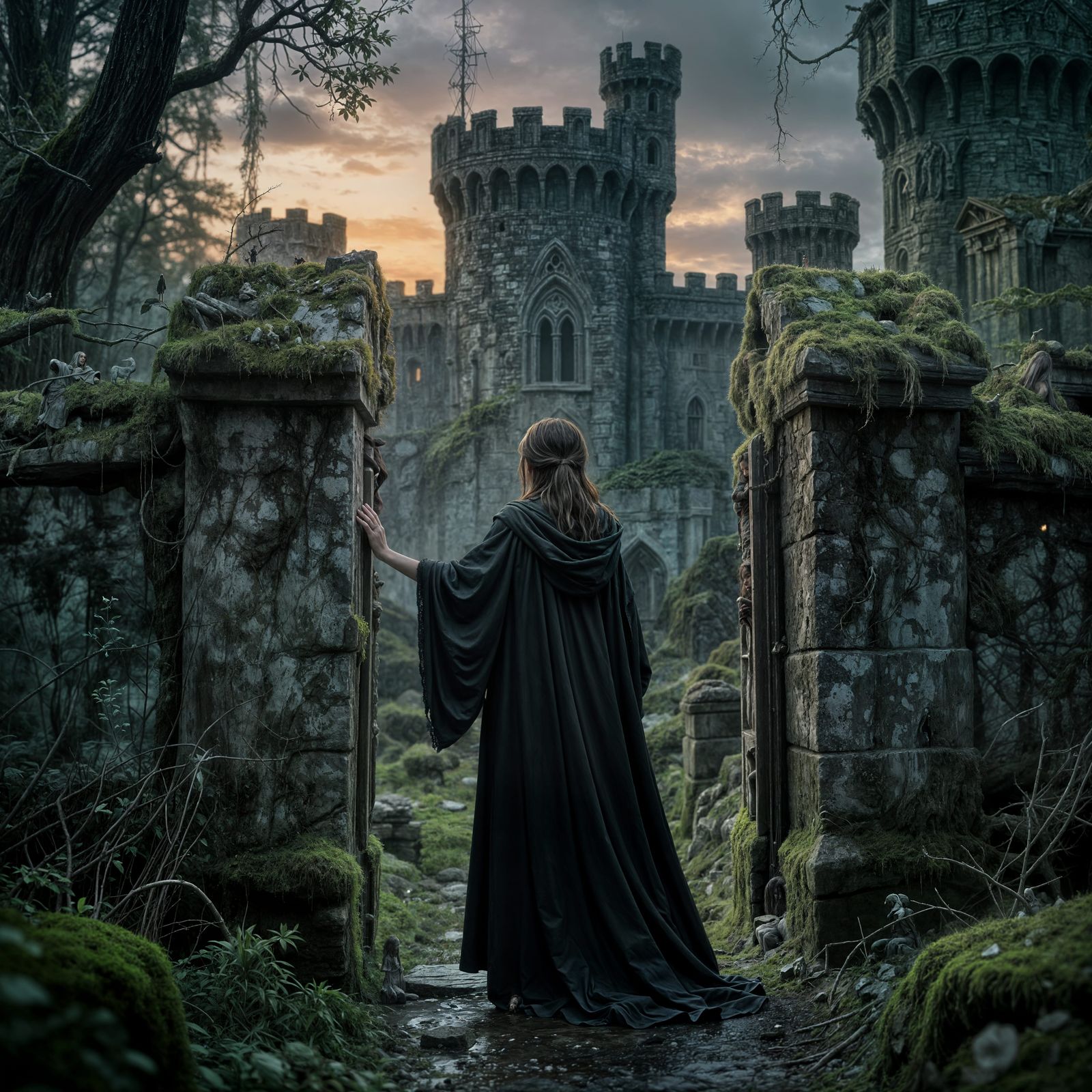Twilight Castle Threshold: Woman Contemplating Journey