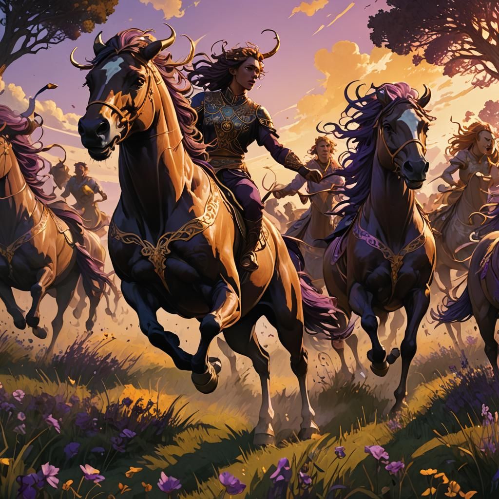 Centaurs in Field: Dark Fantasy Art Nouveau
