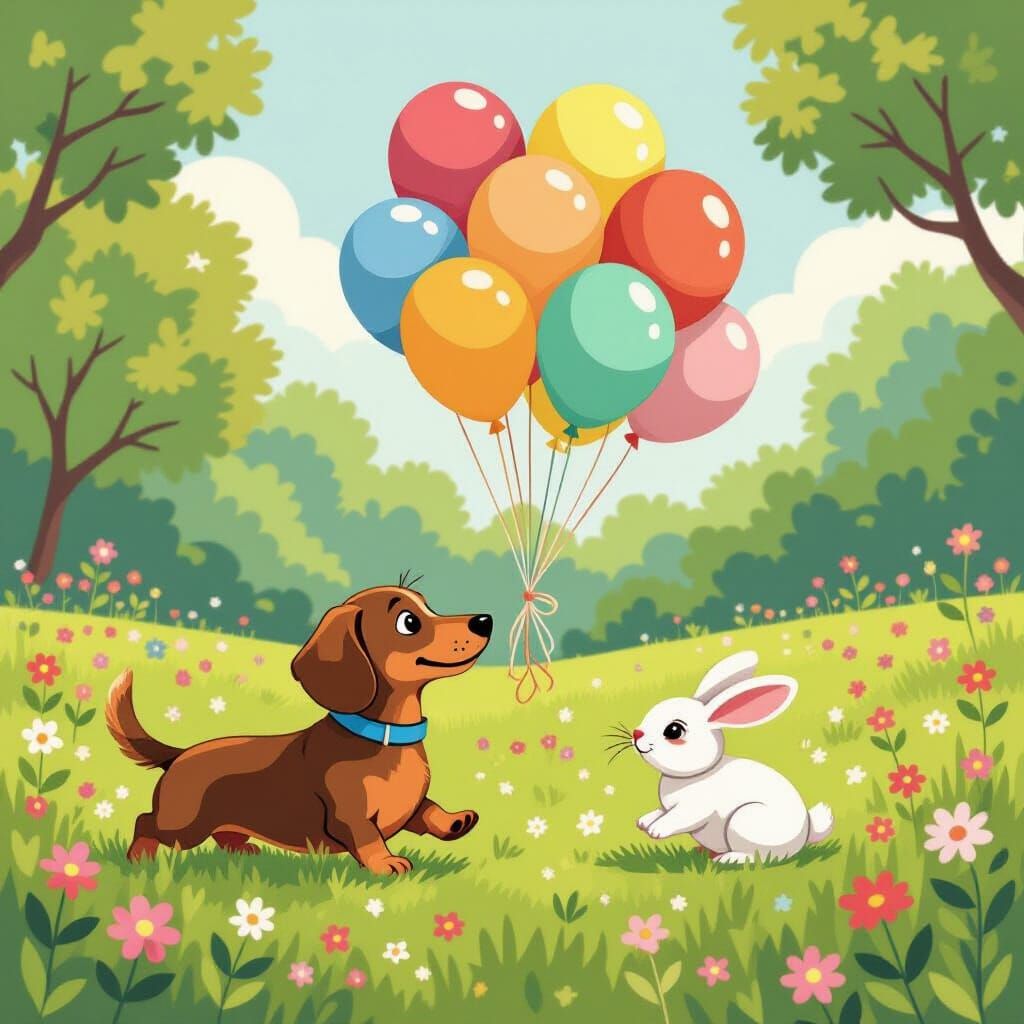 Dachshund, Balloons, and Bunny in Whimsical Meadow
