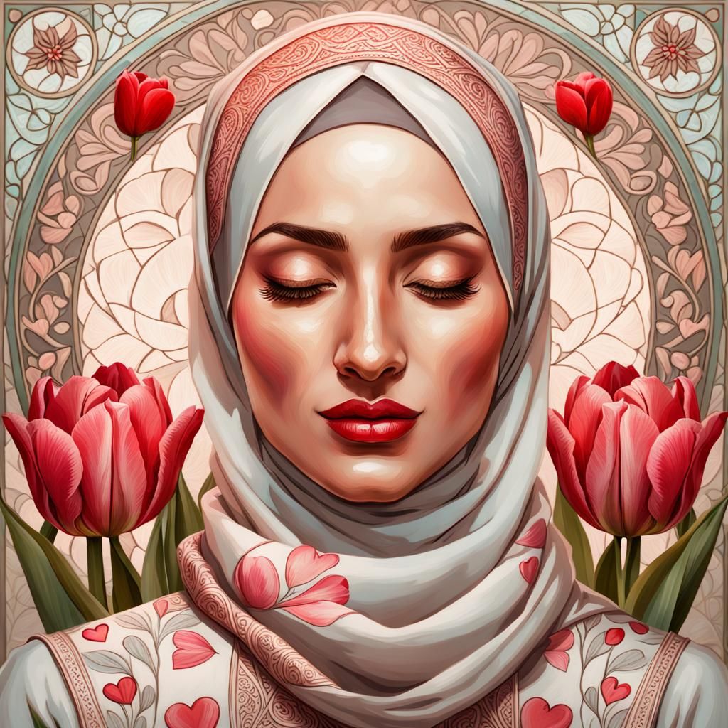 Beautiful Woman in Hijab with Tulips, Art Nouveau Style