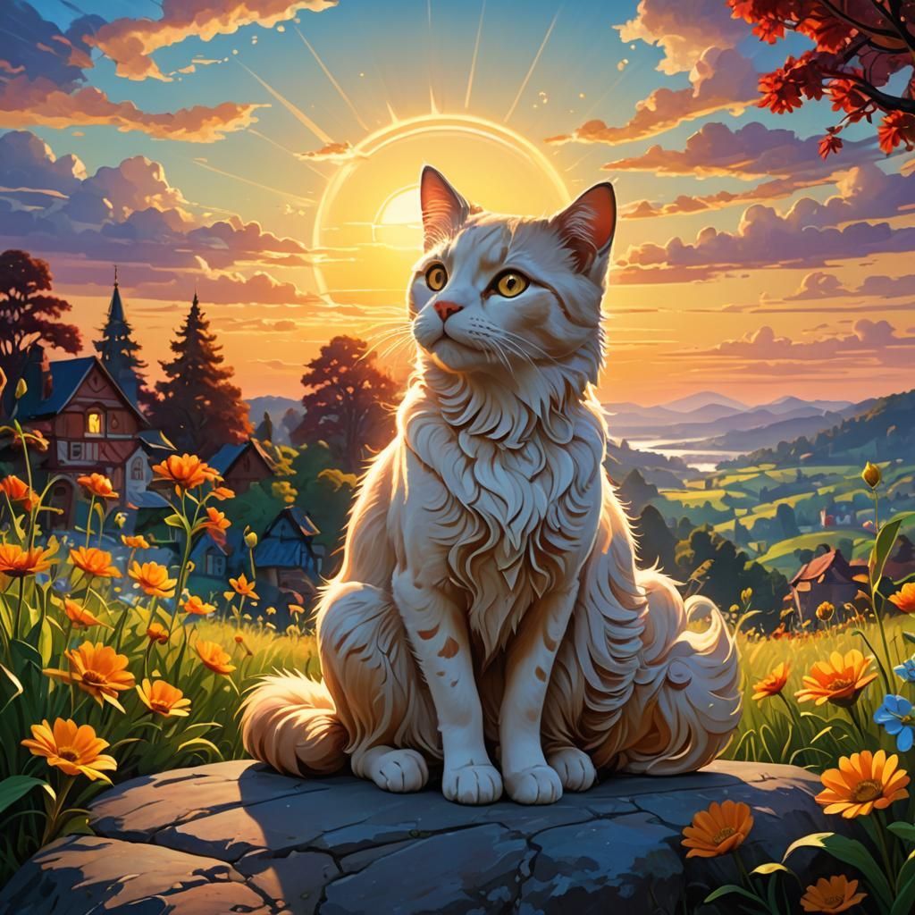 Cat and Dog Sunrise in Magic Realism Style