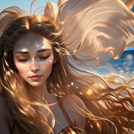 A heart-shaped face, framed by honeyed hair,
Softly dancing in the sun-kissed air,
Her skin like cream, where shadows so...