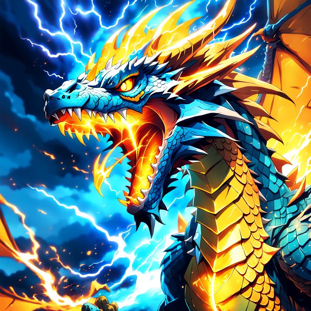 Yellow Storm Dragon Roaring in Anime Style