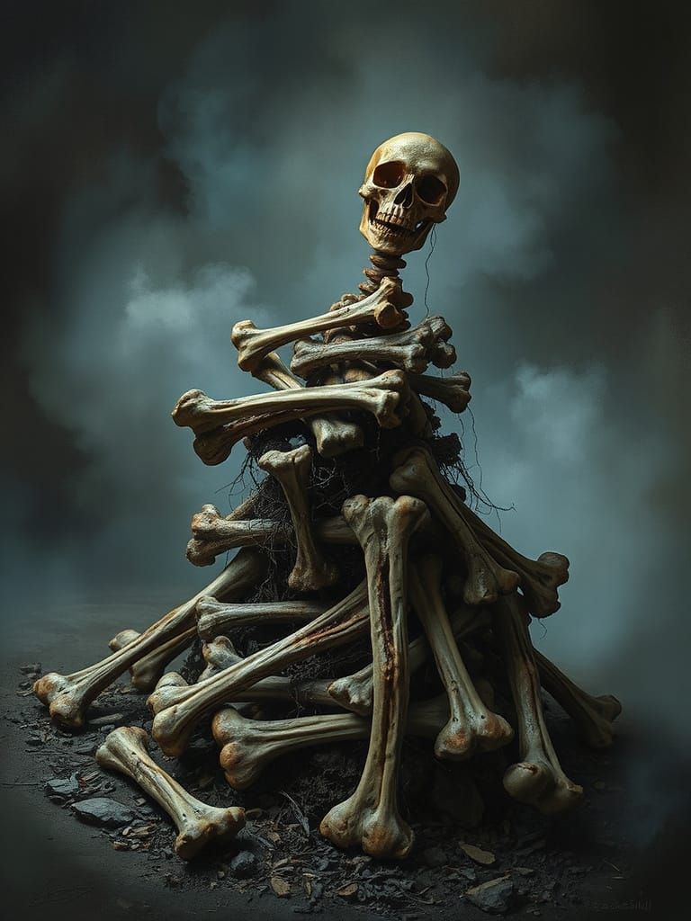 Eerie Bone Pile: Gothic Minimalist 3D Fractal Art