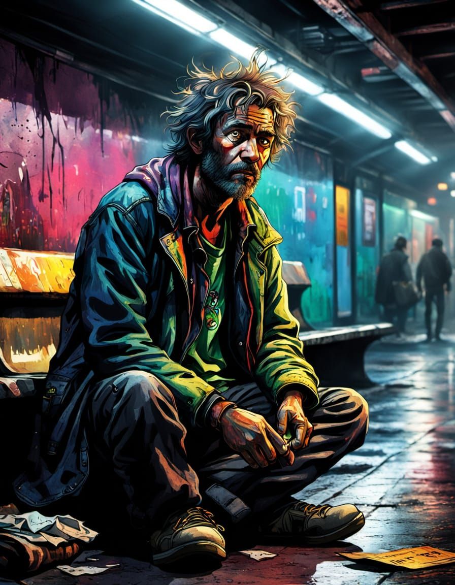 Post-Apocalyptic Homeless Man in Neon-Lit Subway