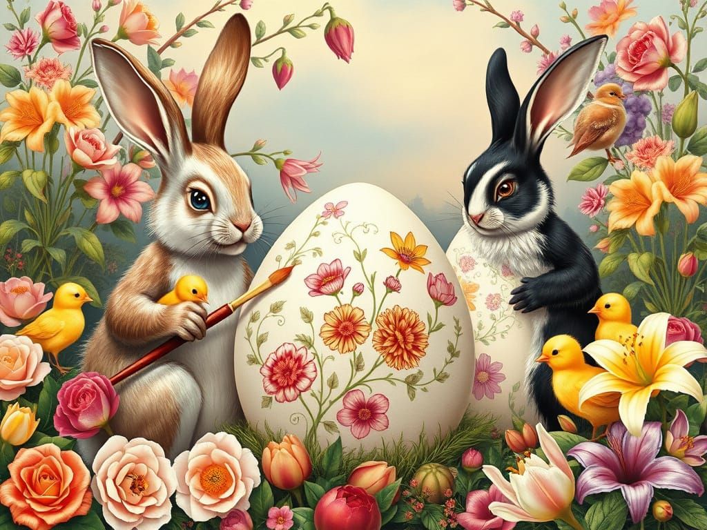 Whimsical Easter Scene with Bunnies Painting Eggs