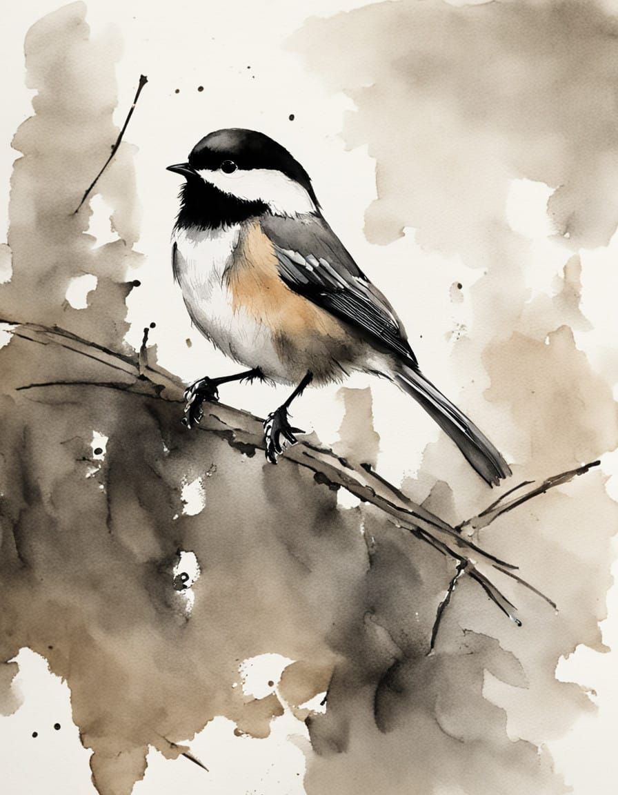 Vibrant Chickadee in Whimsical Ink Wash Art