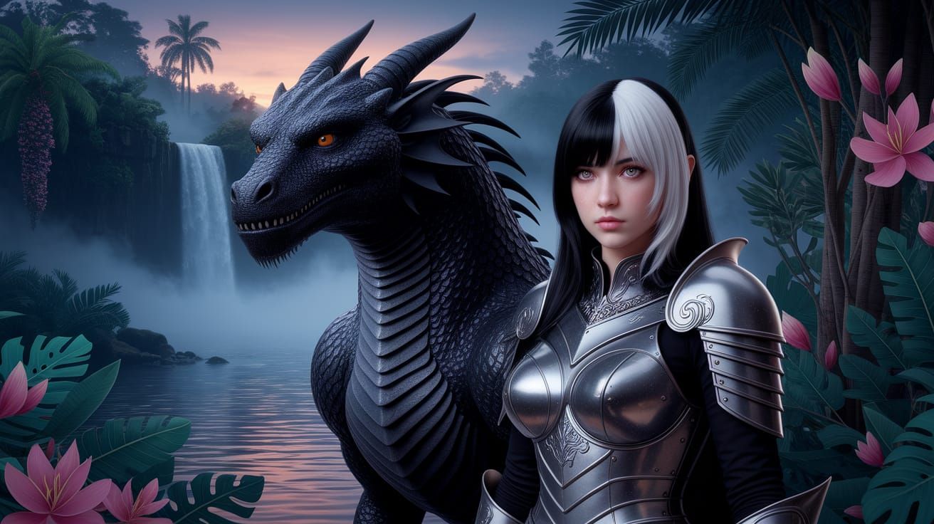 Emo Girl with Dragon in Misty Twilight Portrait