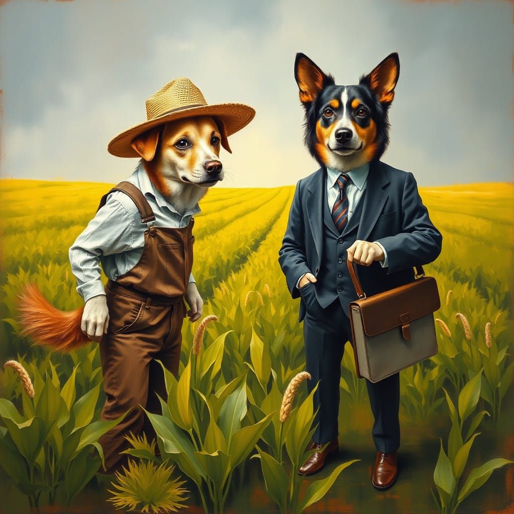 Farmers in Disguise: Canine in Overalls and Humanoid Dog in...