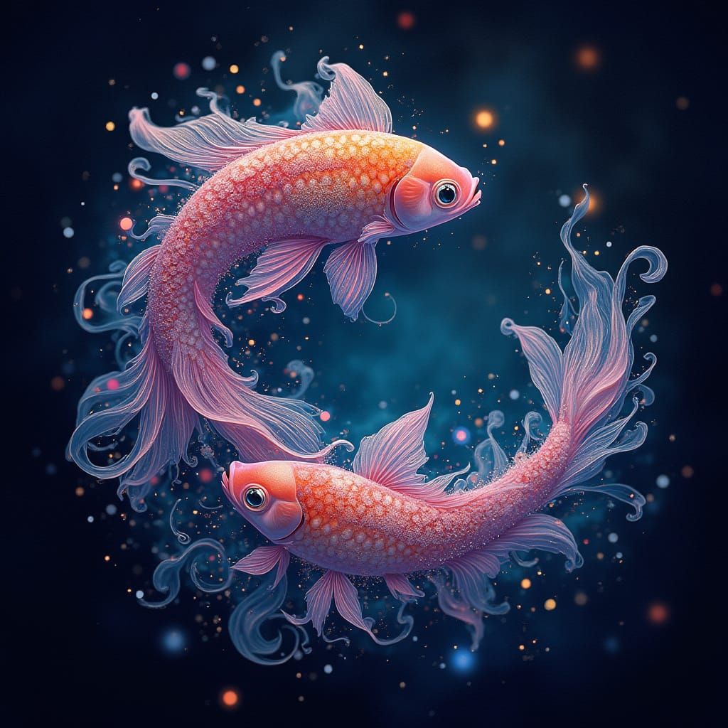 Mystical Ink Bloom with Spiraling Fish in a Cosmic Expanse