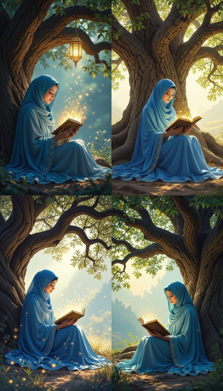 Muslim Woman Reading Quran Under Ancient Tree in Golden Ligh...