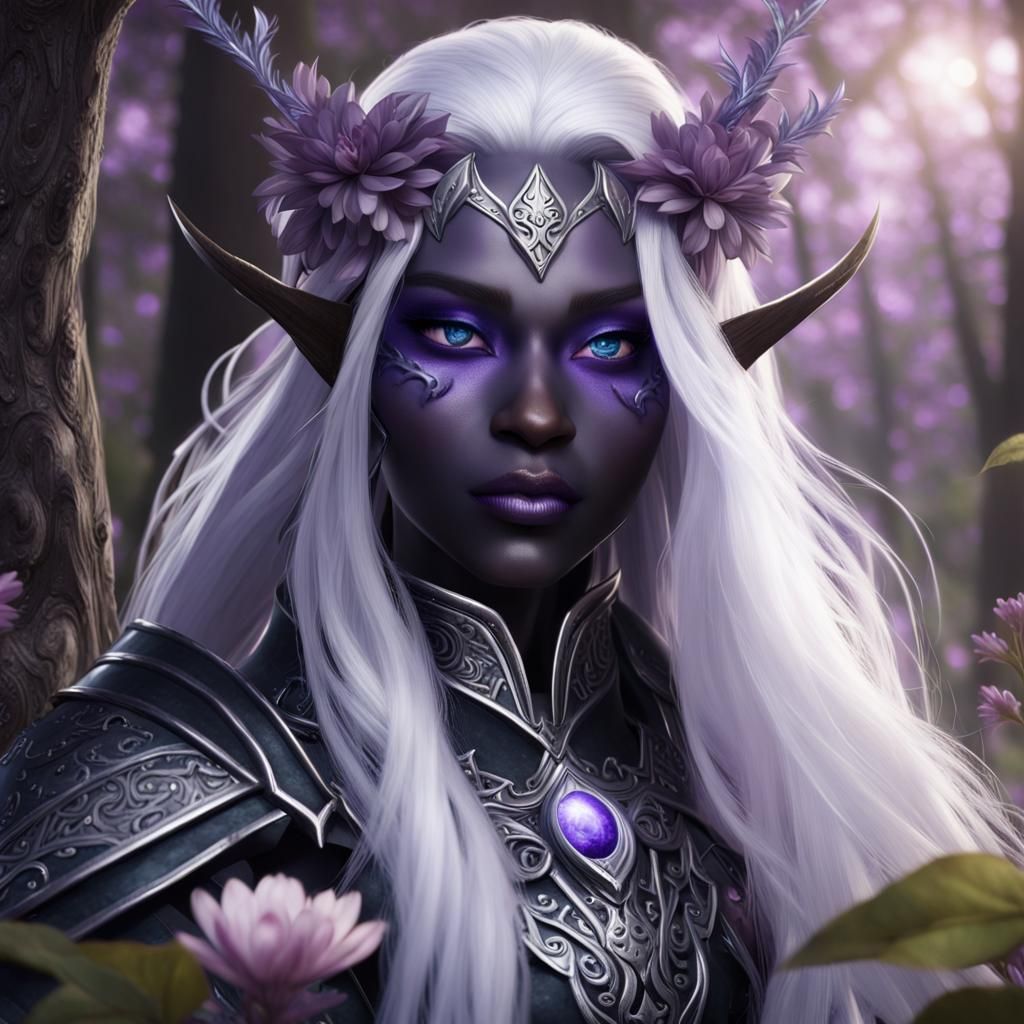 Dark Elf Meditation in Luminous Forest, Digital Art
