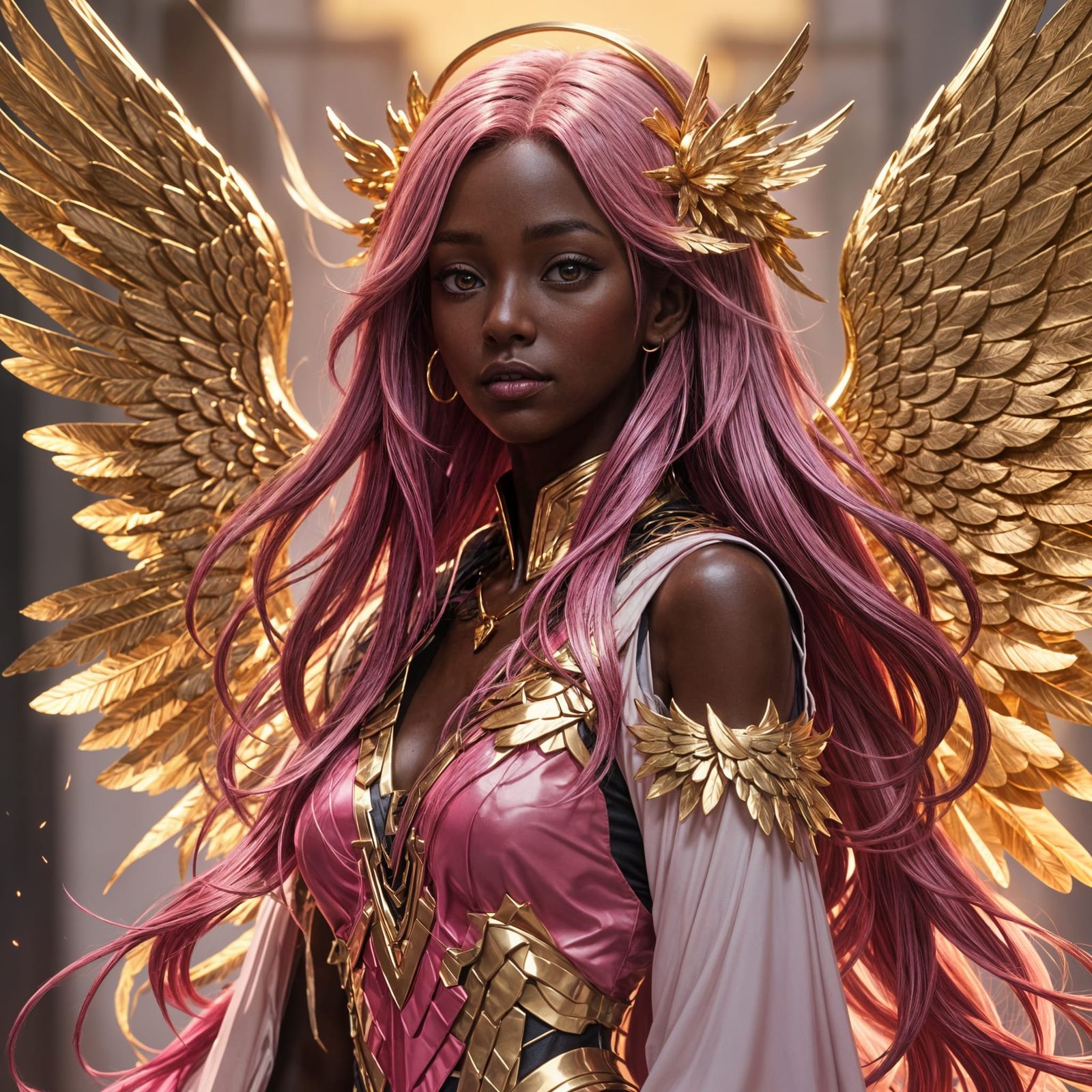 Anime Style Female with Pink Hair and Golden Wings
