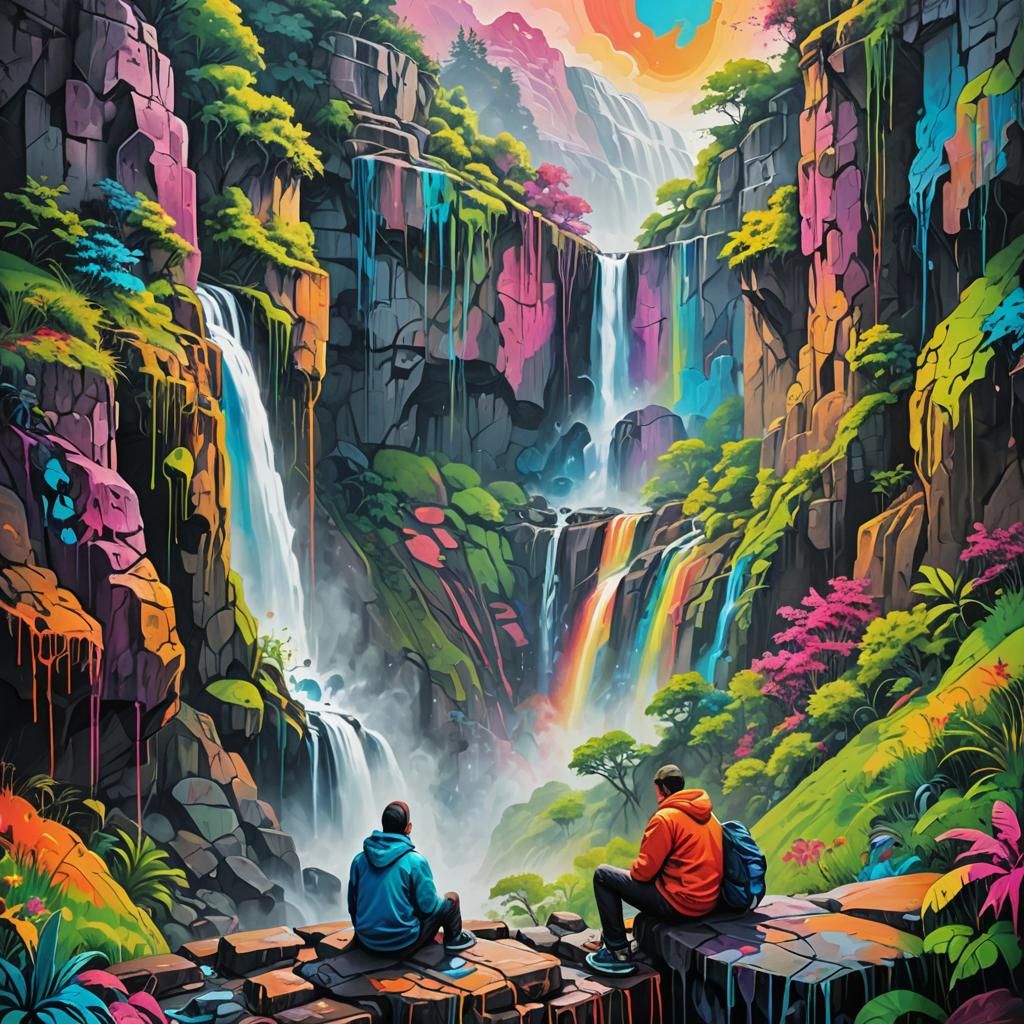 Surreal Graffiti Landscape with Waterfalls in Splash Art Sty...