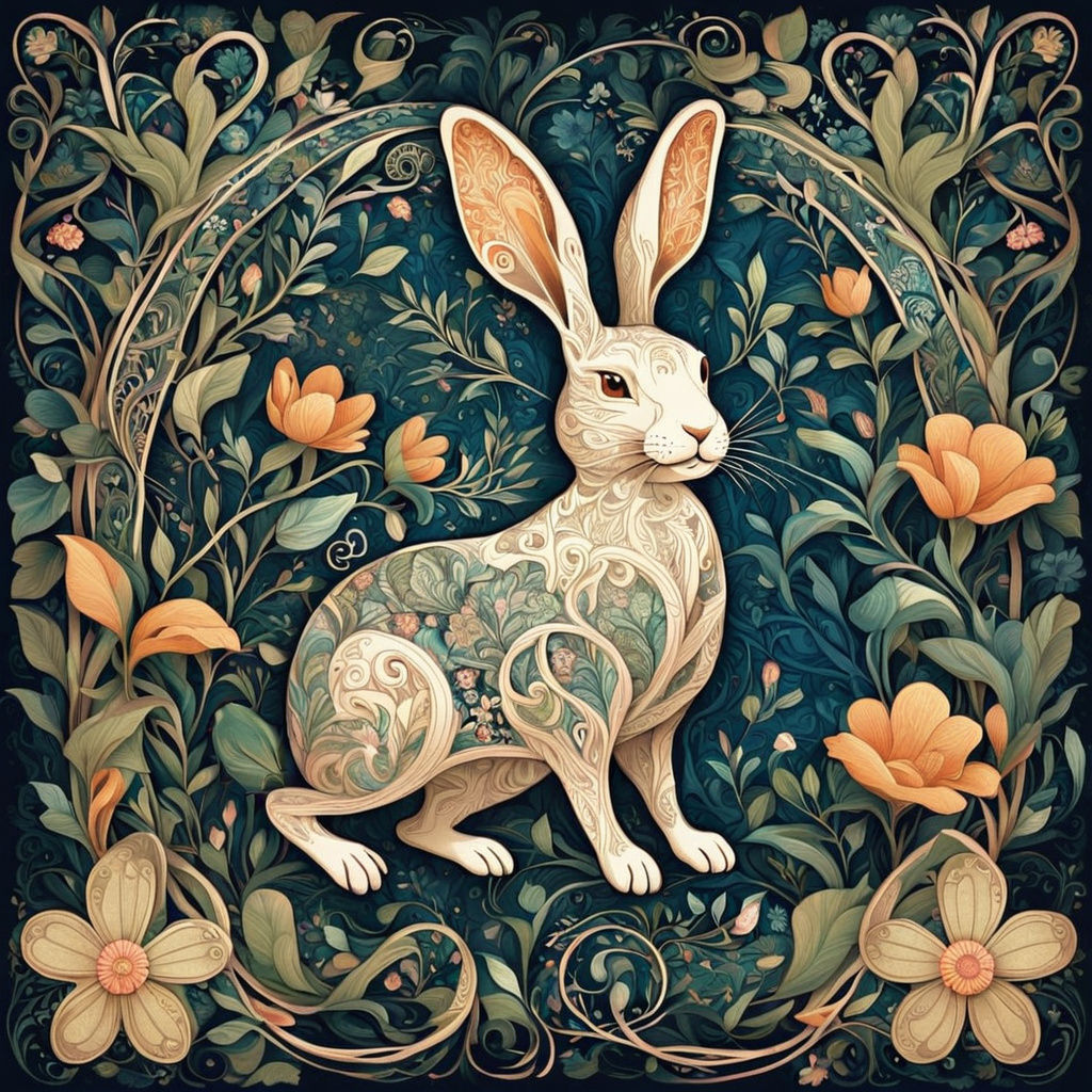 Art Nouveau Rabbit Portrait with Floral Patterns