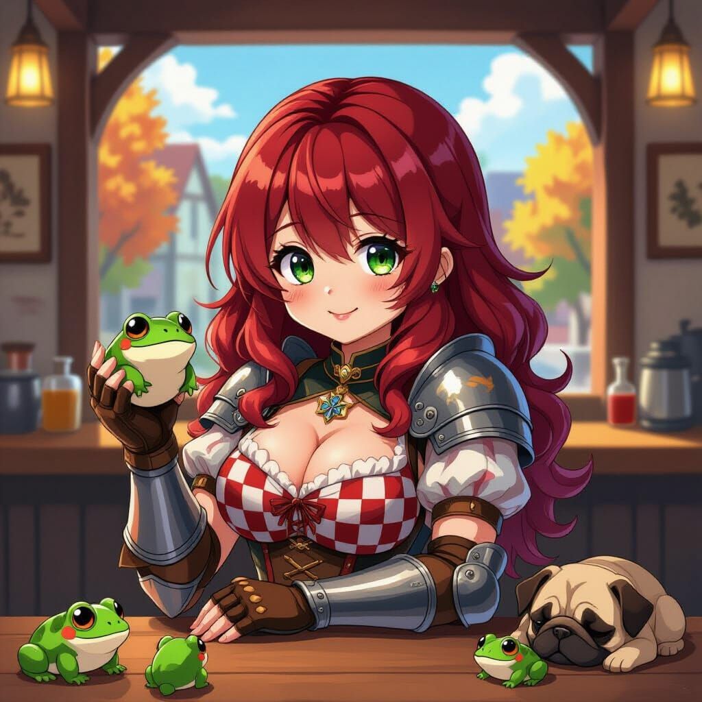 Anime Woman in Tavern with Frogs and Pug Puppy