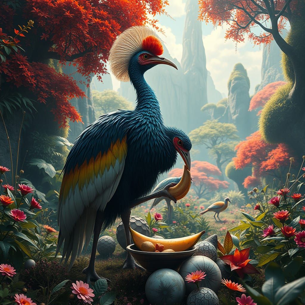 Casowary Amidst Vibrant Fantasy Landscape in Matte Painting...