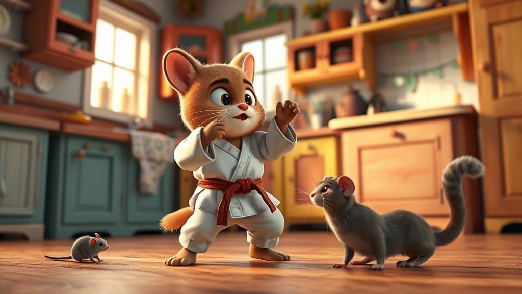 Cute Creature in Karate Gi in Whimsical Kitchen