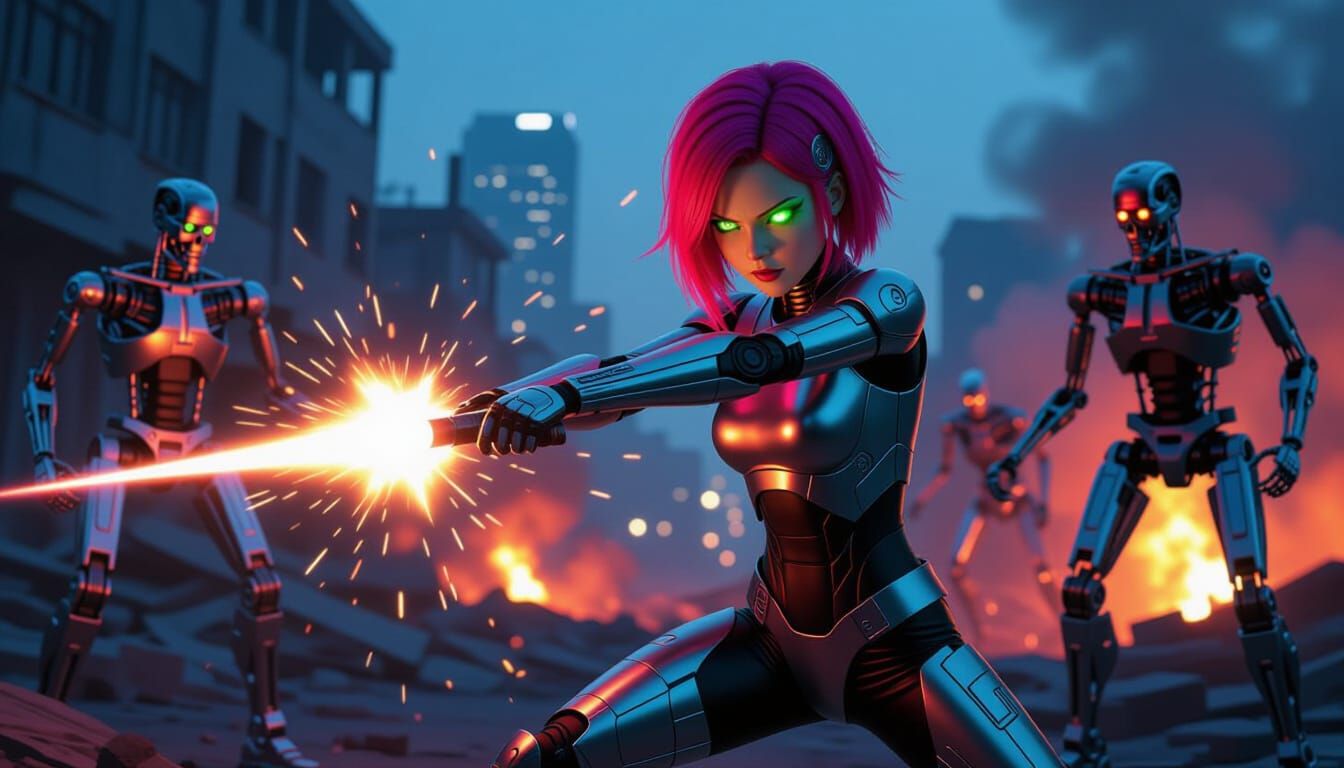 Android Warrior Defeats Terminators in Ruined City