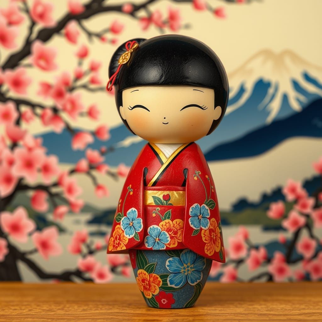 Kokeshi Doll in Ukiyo-e Style with Cherry Blossoms