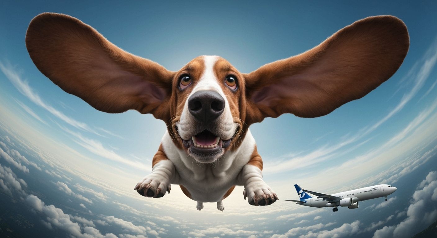 Flying Basset Hound With Floppy Ears Soaring Mid-Air