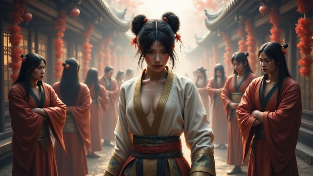 Kung Fu Warrior in Dynamic Pose Amidst Bandits