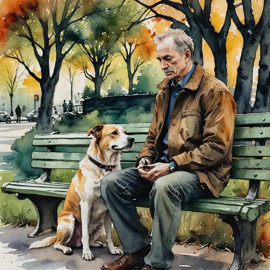 Abstract Expressionist Man and Dog on Bench