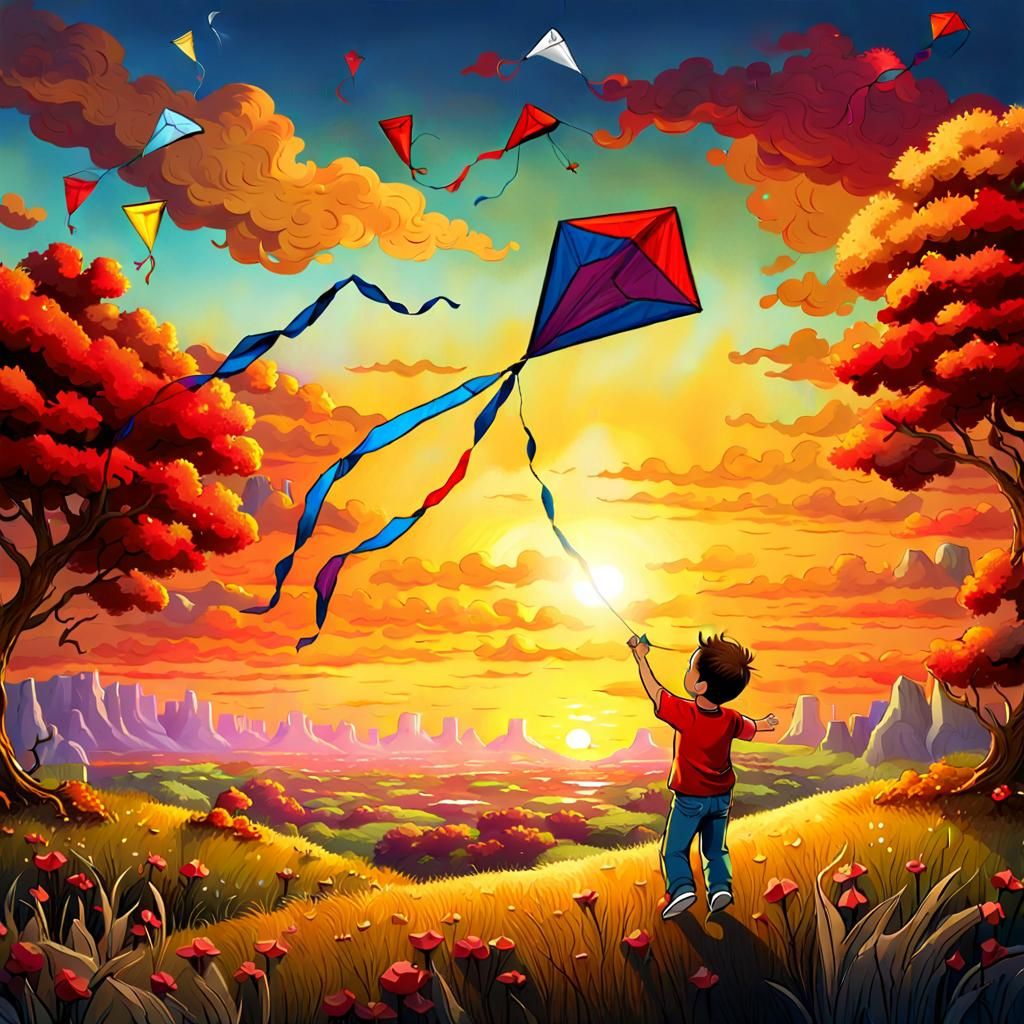 Child Flying Kite into Sunset: Matte Painting