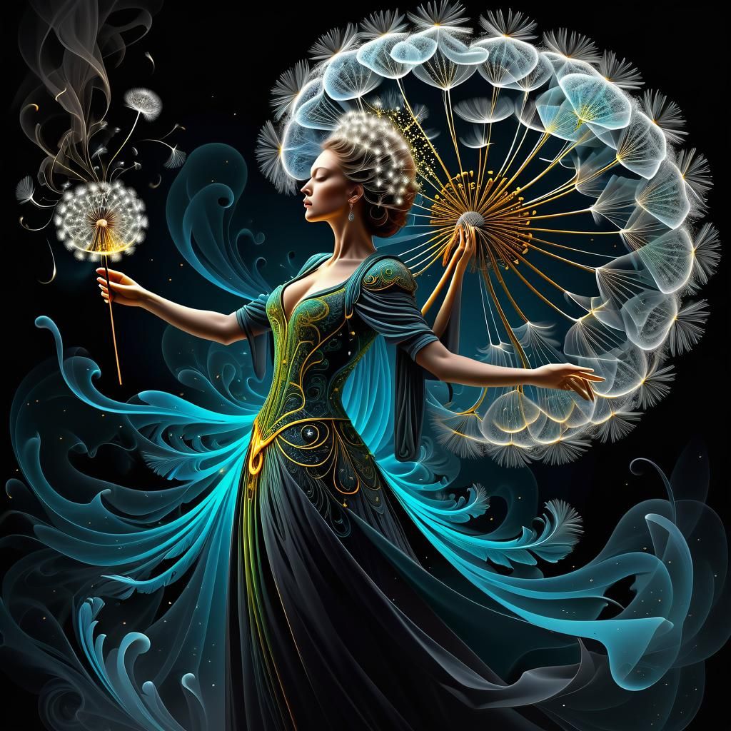 Dandelion Sorcerer in Kinetic Pointillism Style