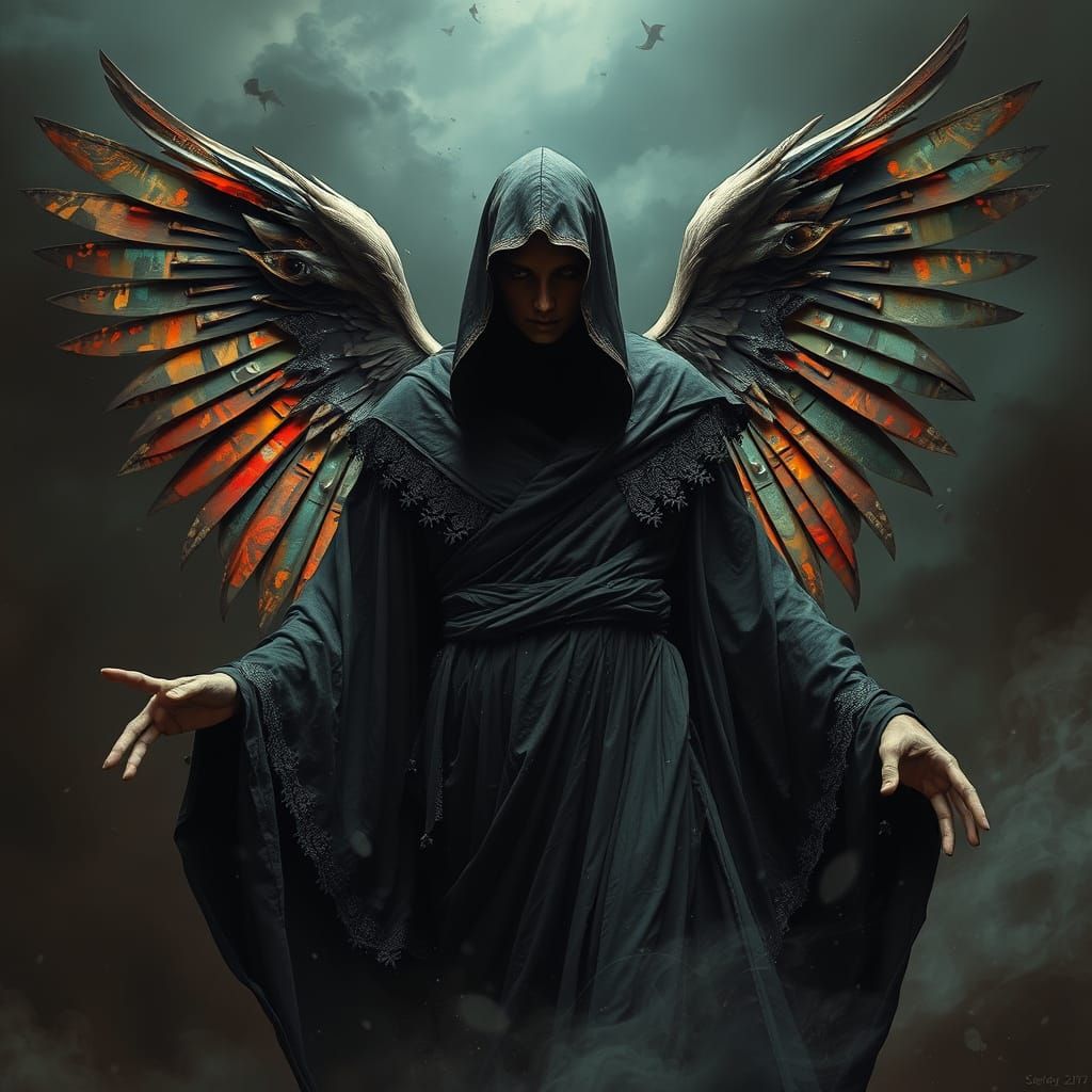 An ethereal personification of the Angel of Death, swathed in tattered black robes and hooded face hidden, with intricat...