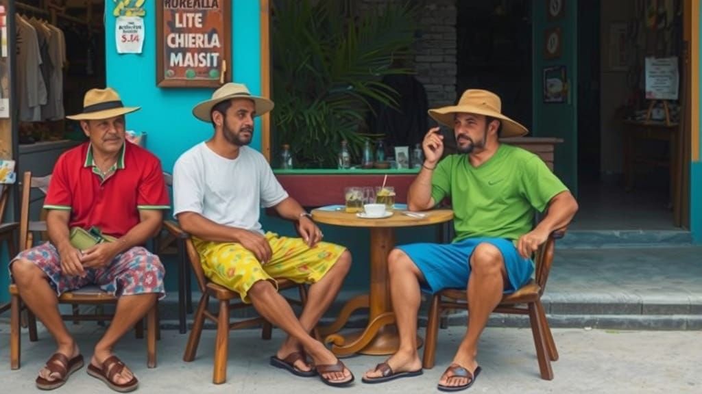 Brazilian Men Enjoy Conversation in Tropical Back Street