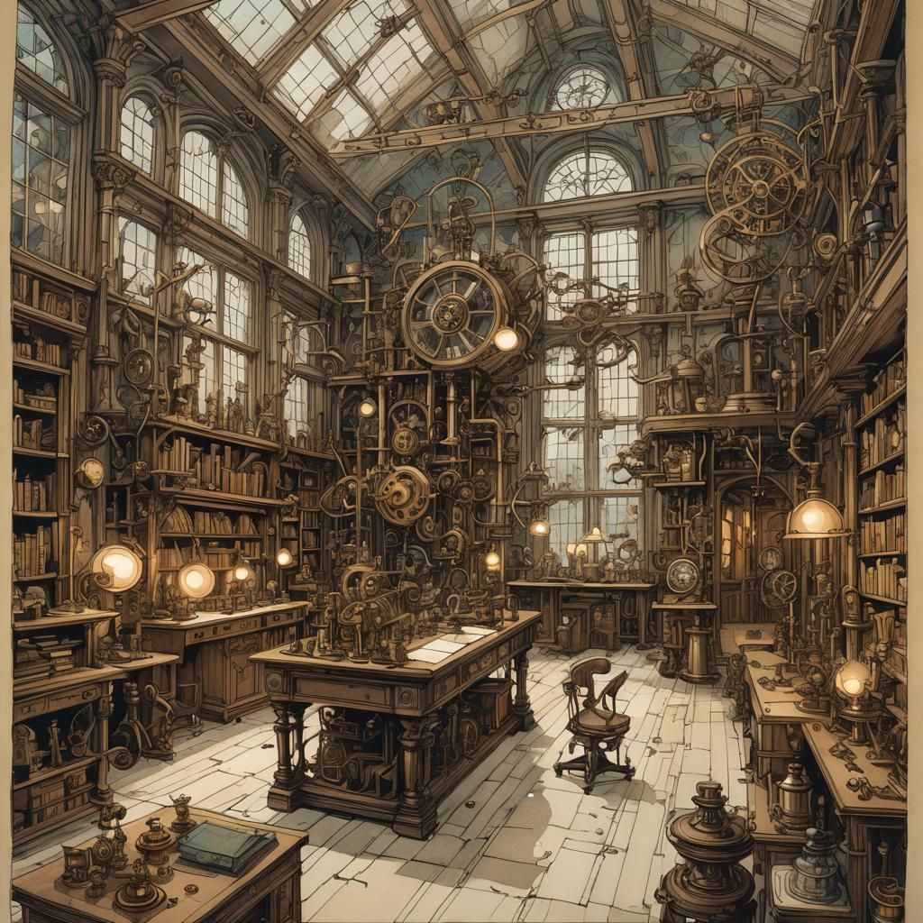 Victorian-Era Laboratory in Arthur Rackham Style