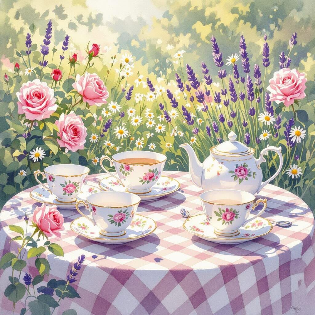 Whimsical Garden Tea Party in Watercolor Style