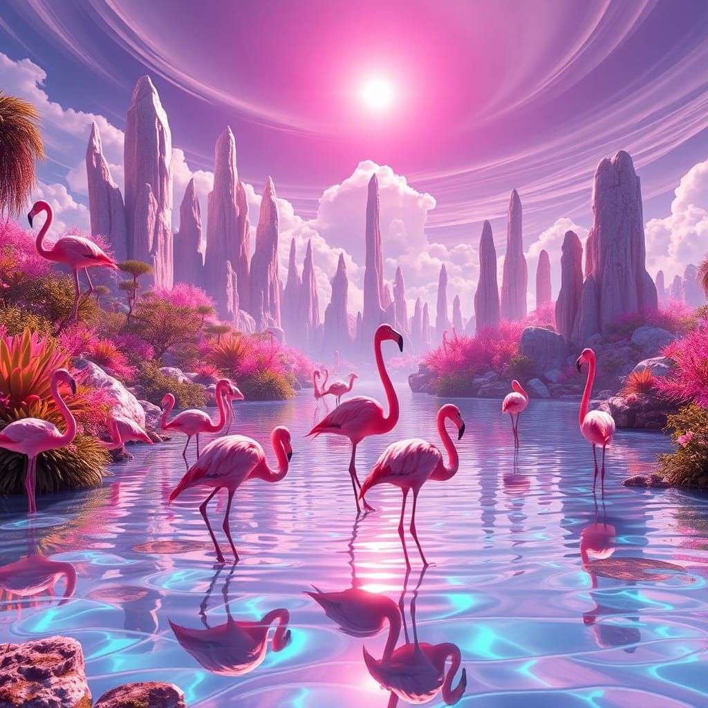 Flamingos in Surreal Pink Landscape, Matte Painting