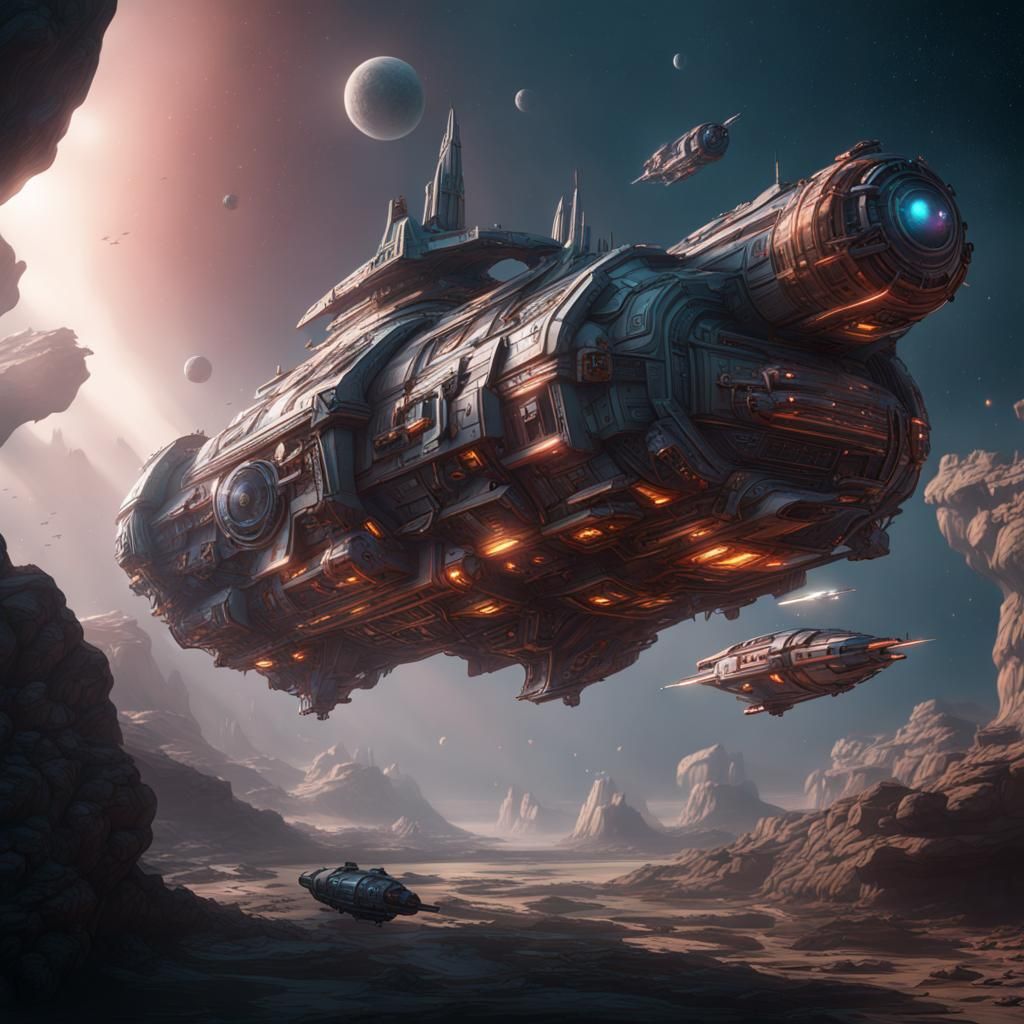 Fantastical Spaceships in Detailed Matte Painting