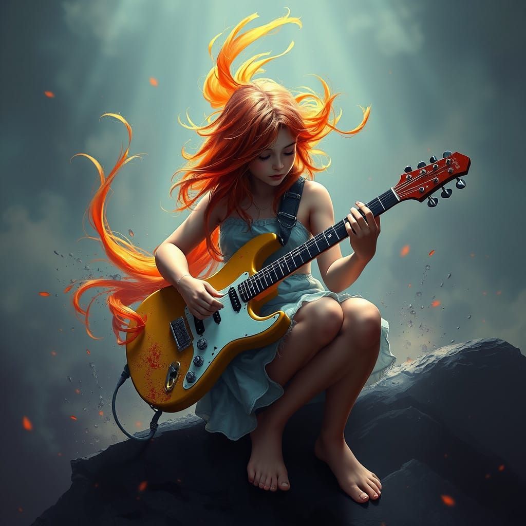 Fantastical Girl Plays Guitar in a Vibrant Underwater Scene