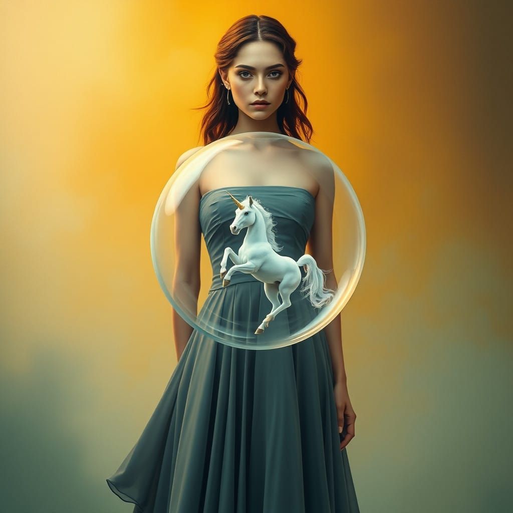 A unicorn trapped in a bubble. Beautiful woman looks on, nonplussed.