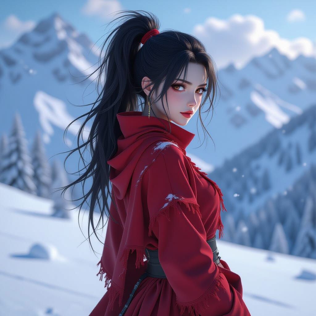 Dark Fairy in Anime Style Winter Landscape