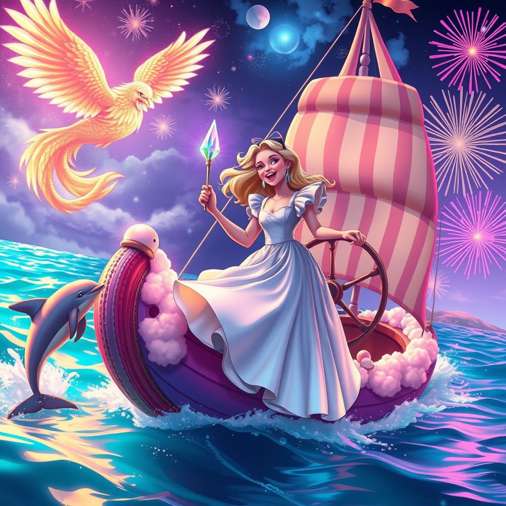 Alice in Wonderland on a Sailboat with Dolphins