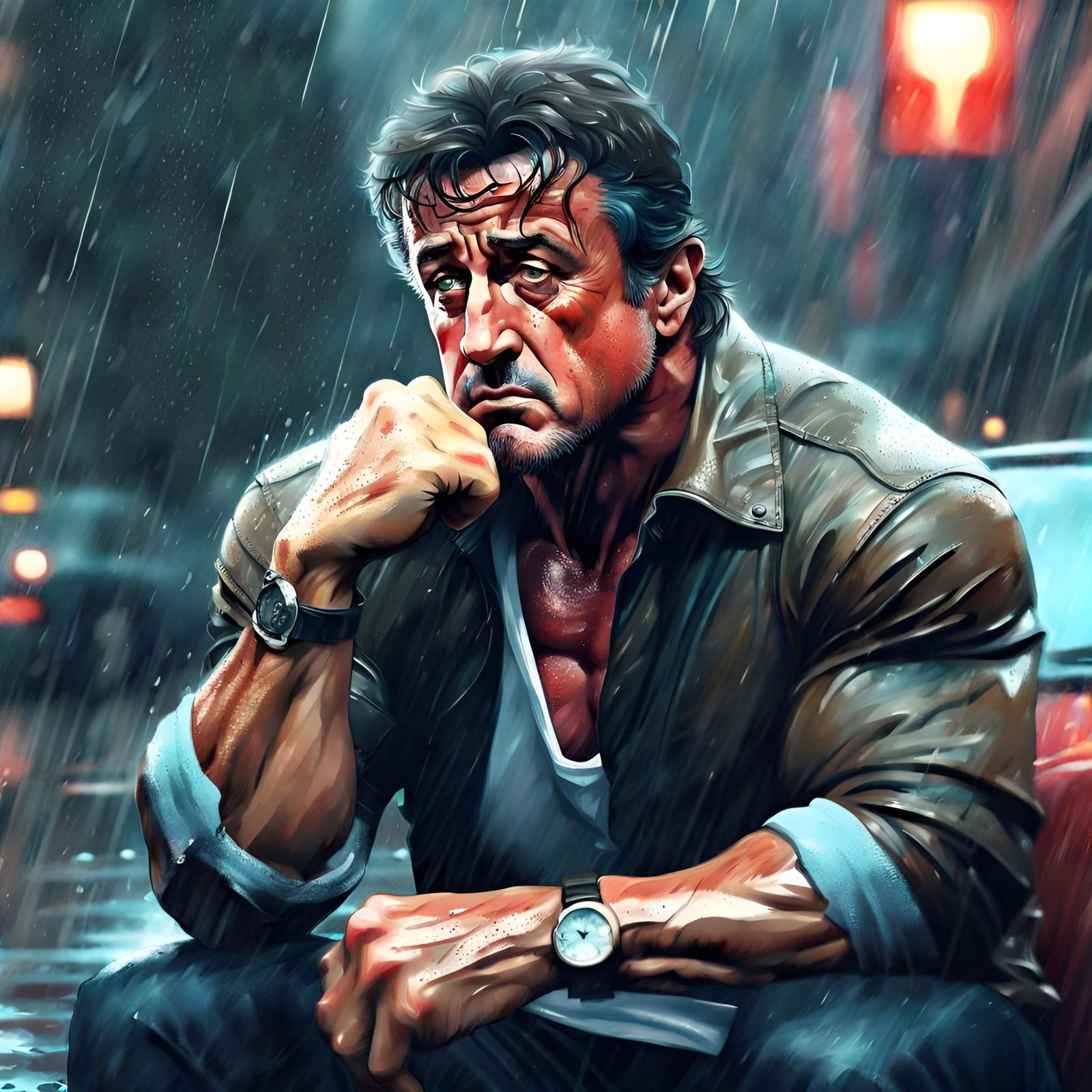 Sad Man in the Rain: Digital Illustration