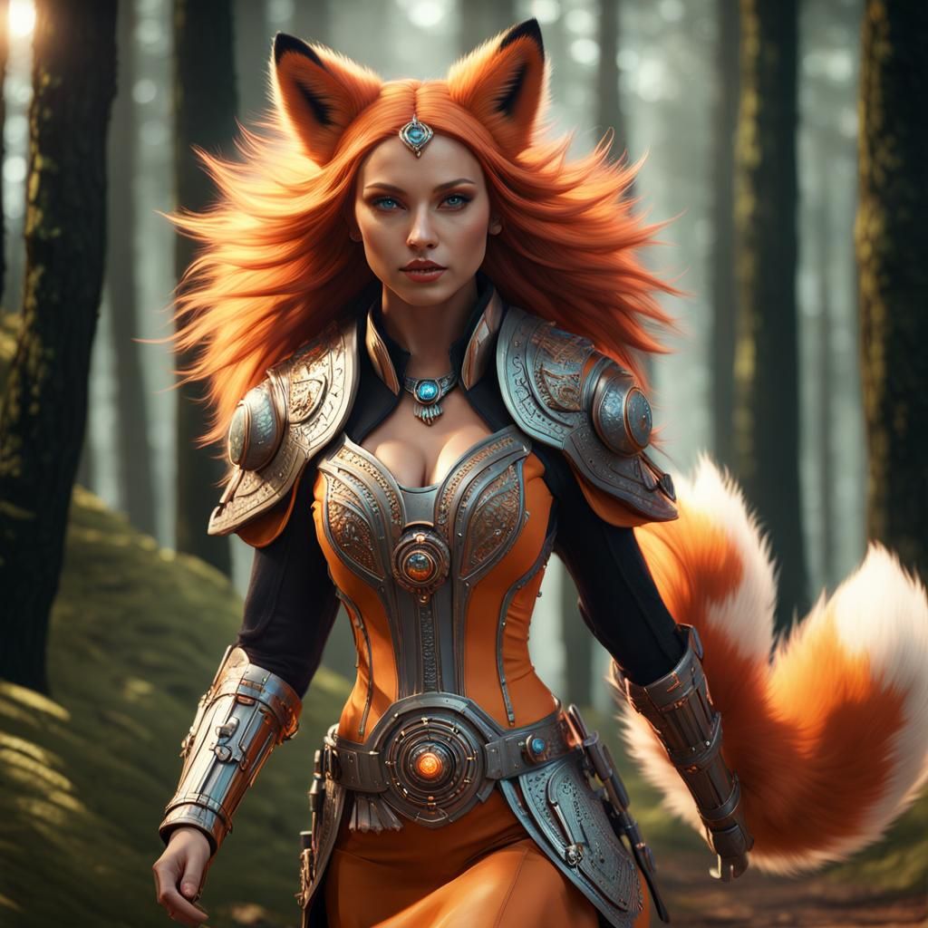 Futuristic Fox Girl Runs Through Forest