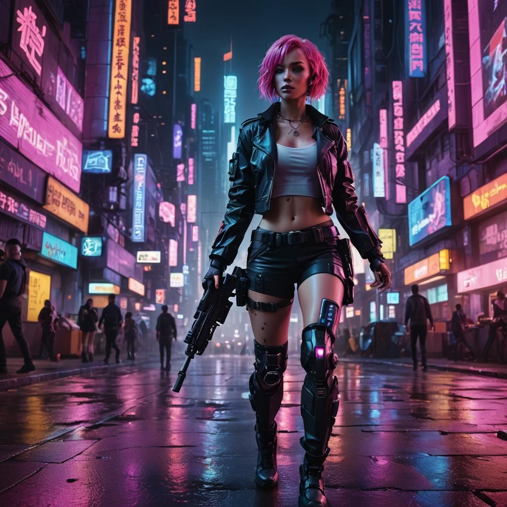 Cybergirl Walking in Neon Cyberpunk Cityscape