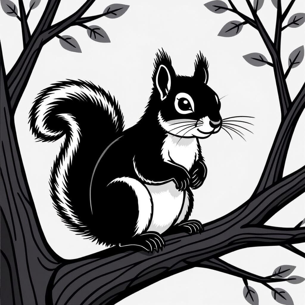 Black and White Squirrel Coloring Page for Kids